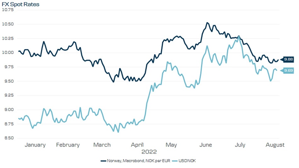 Graf som viser FX spot rates for NOK vs USD