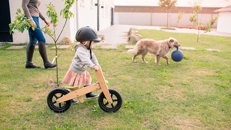 Little girl on wooden bike